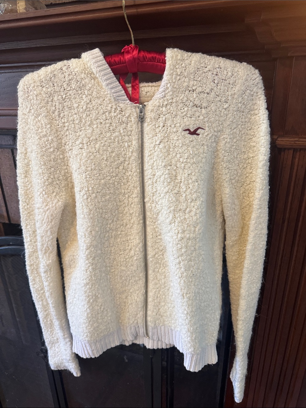 Hollister Ivory Sherpa Zip Cardigan with Burgundy Logo